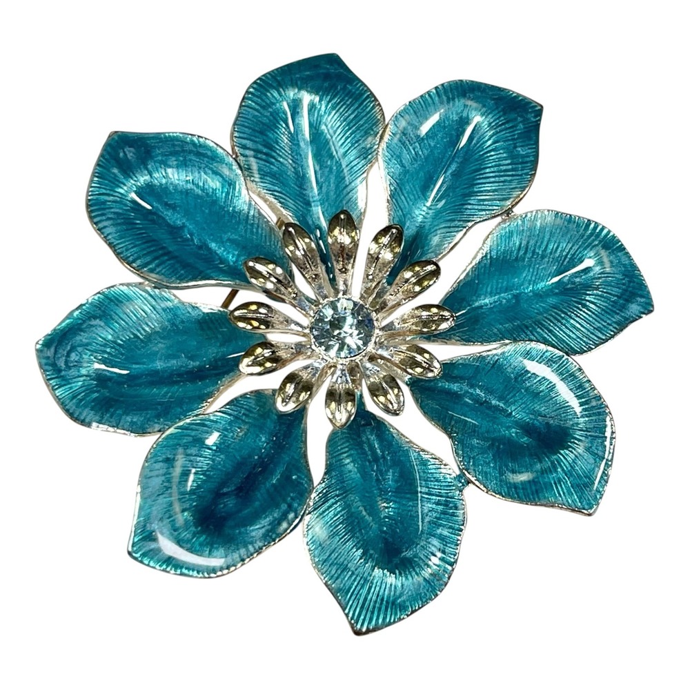 Teal Blue Flower‎ Brooch Enamel Rhinestone Silver Tone Petal Cottagecore Retro